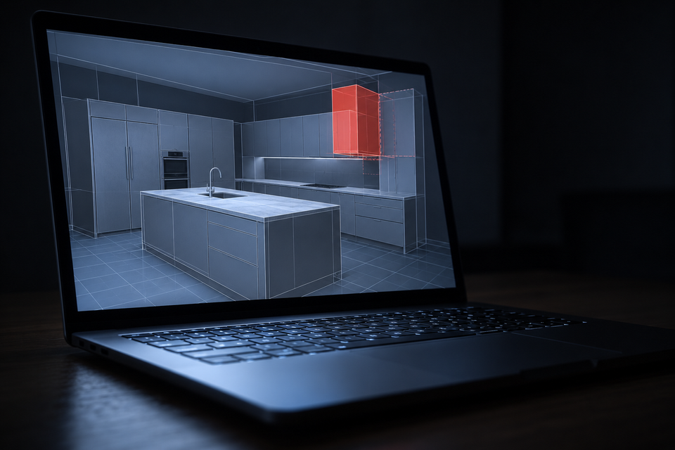 3D-модель кухни на экране в тёмной комнате, один модуль подсвечен предупреждением о пересечении