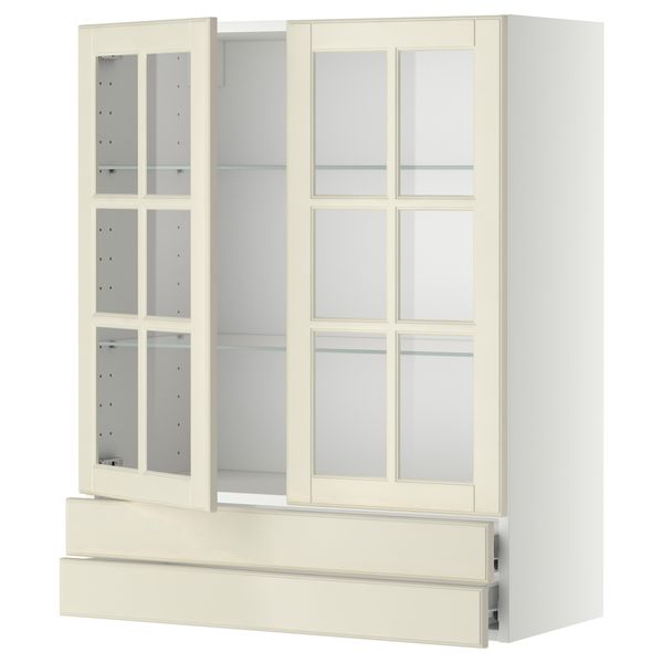 Навесной шкаф, 2 стеклянные дверцы, 2 ящика МЕТОД / ФОРВАРА, белый, Будбин белый с оттенком - фото 1