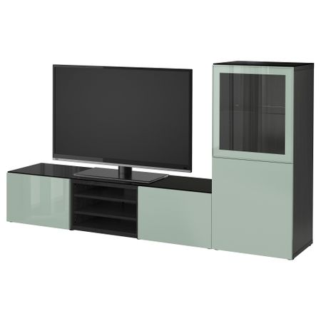 Шкаф для ТВ, комбинированный, стекляные дверцы БЕСТО, черно-коричневый Сельсвикен, глянцевый/серо-зеленый светлый прозрачное