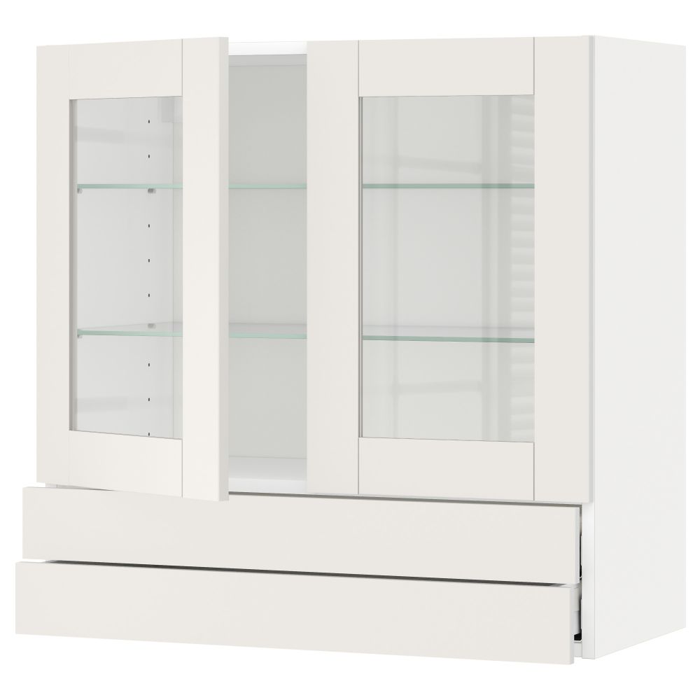 Навесной шкаф, 2 стеклянные дверцы, 2 ящика МЕТОД / МАКСИМЕРА, белый, Сэведаль белый - схема-чертеж с размерами