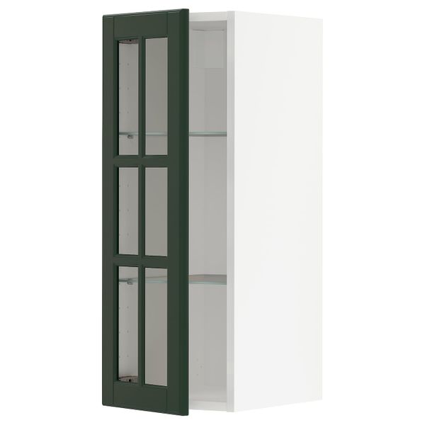 Навесной шкаф/полки/стеклян дверца, белый/Будбин темно-зеленый 30x80 см IKEA METOD МЕТОД 594.460.04 - фото 1