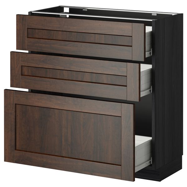Напольный шкаф с 3 ящиками МЕТОД / ФОРВАРА, черный, Эдсерум коричневый - схема-чертеж с размерами