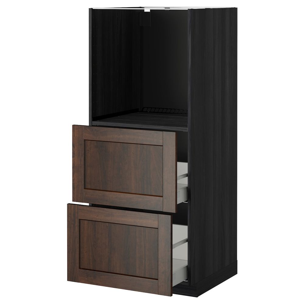 Высокий шкаф с 2 ящиками для/духовки, черный/Эдсерум коричневый 60x60x140 см IKEA МЕТОД / МАКСИМЕРА 192.378.75 - фото 1