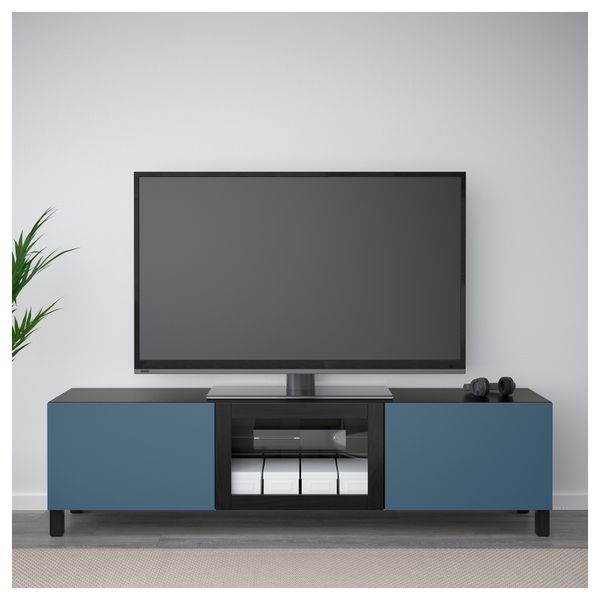 Тумба под ТВ с ящиками и дверцей БЕСТО, черно-коричневый Вальвикен, темно-синий прозрачное стекло (180x40x48 см) - фото 2