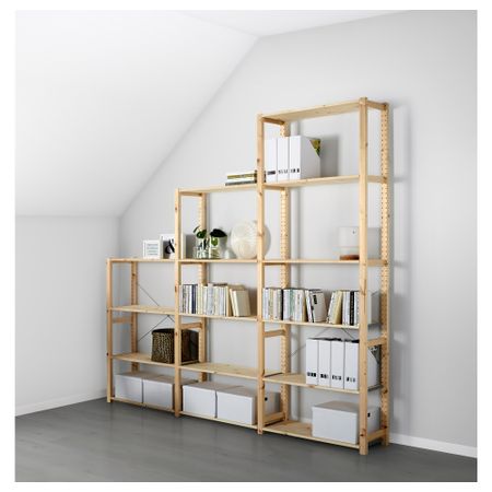 3 секции, полки ИВАР, сосна (259x30x226 см)