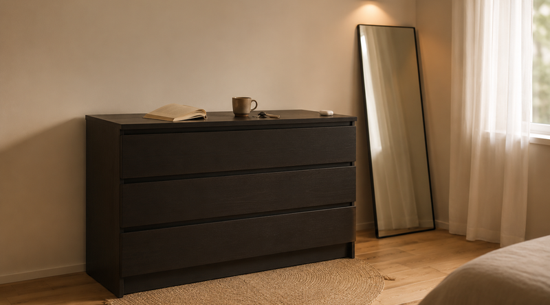 Комод IKEA MALM с 4 ящиками в чёрно-коричневом цвете, установленный в светлой скандинавской спальне