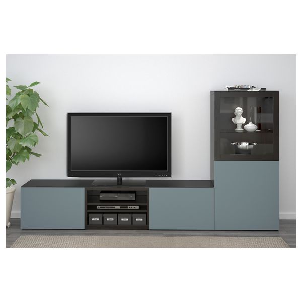 Шкаф для ТВ, комбинированный, стекляные дверцы БЕСТО, черно-коричневый, Вальвикен серо-бирюзовый, прозрачное стекло (240x40x128 - схема-чертеж с размерами