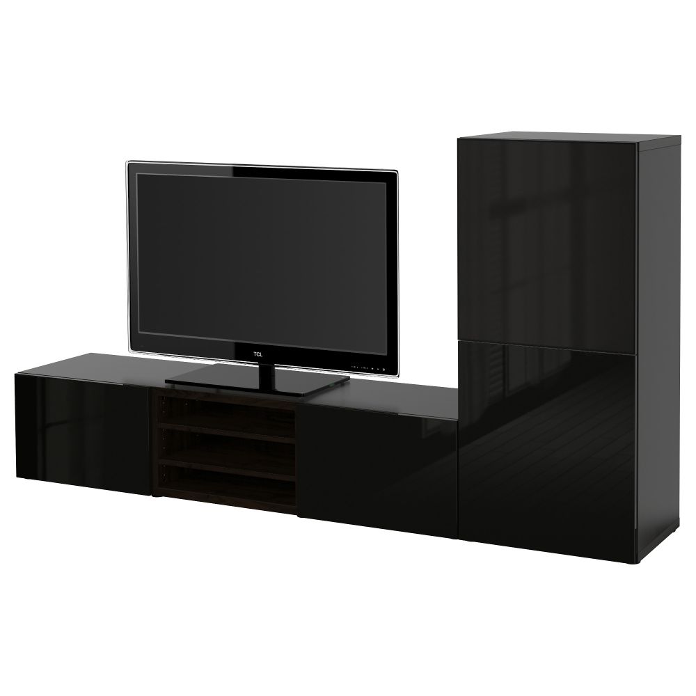 Шкаф для ТВ, комбинированный, стекляные дверцы БЕСТО, черно-коричневый, Сельсвикен глянцевый/черный дымчатое стекло (240x40x128 - фото 1