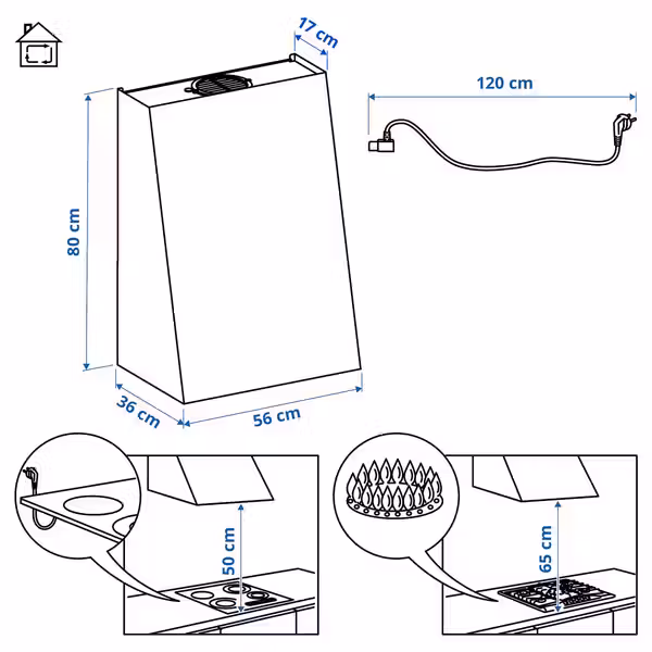 FIVELSBO ФИВЕЛЬСБУ Вытяжка кухонная стен креп (колпак) - ИКЕА 300 чёрный 56 см - схема-чертеж с размерами