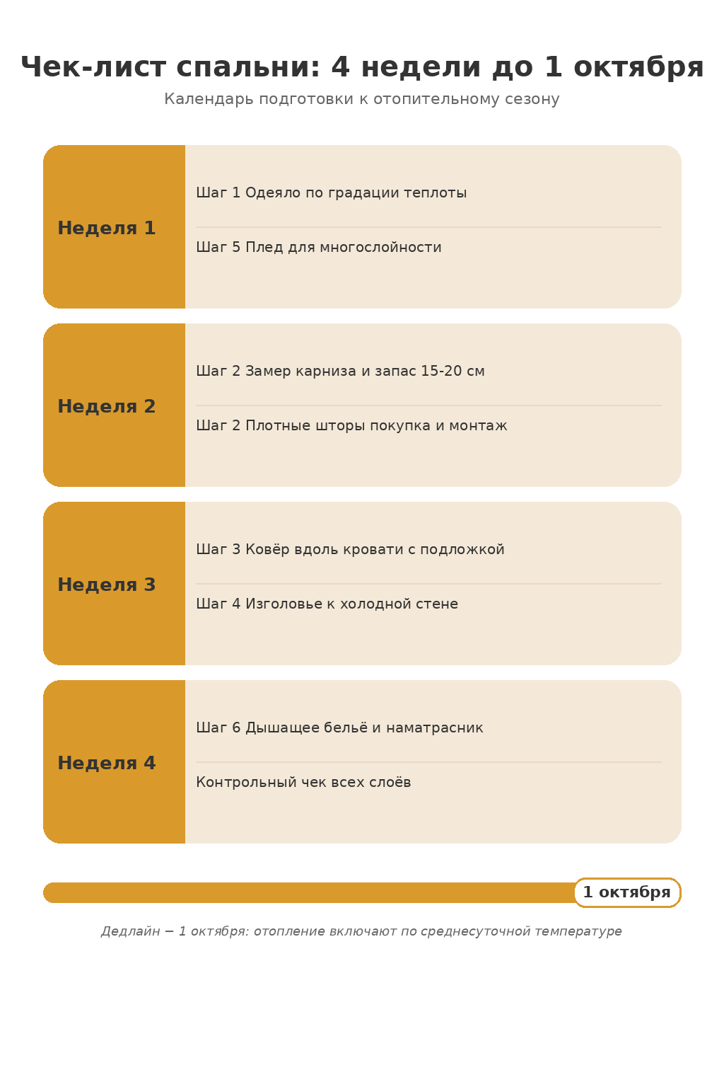 Инфографика: чек-лист подготовки спальни к 1 октября, задачи по неделям от шага 1 до шага 7