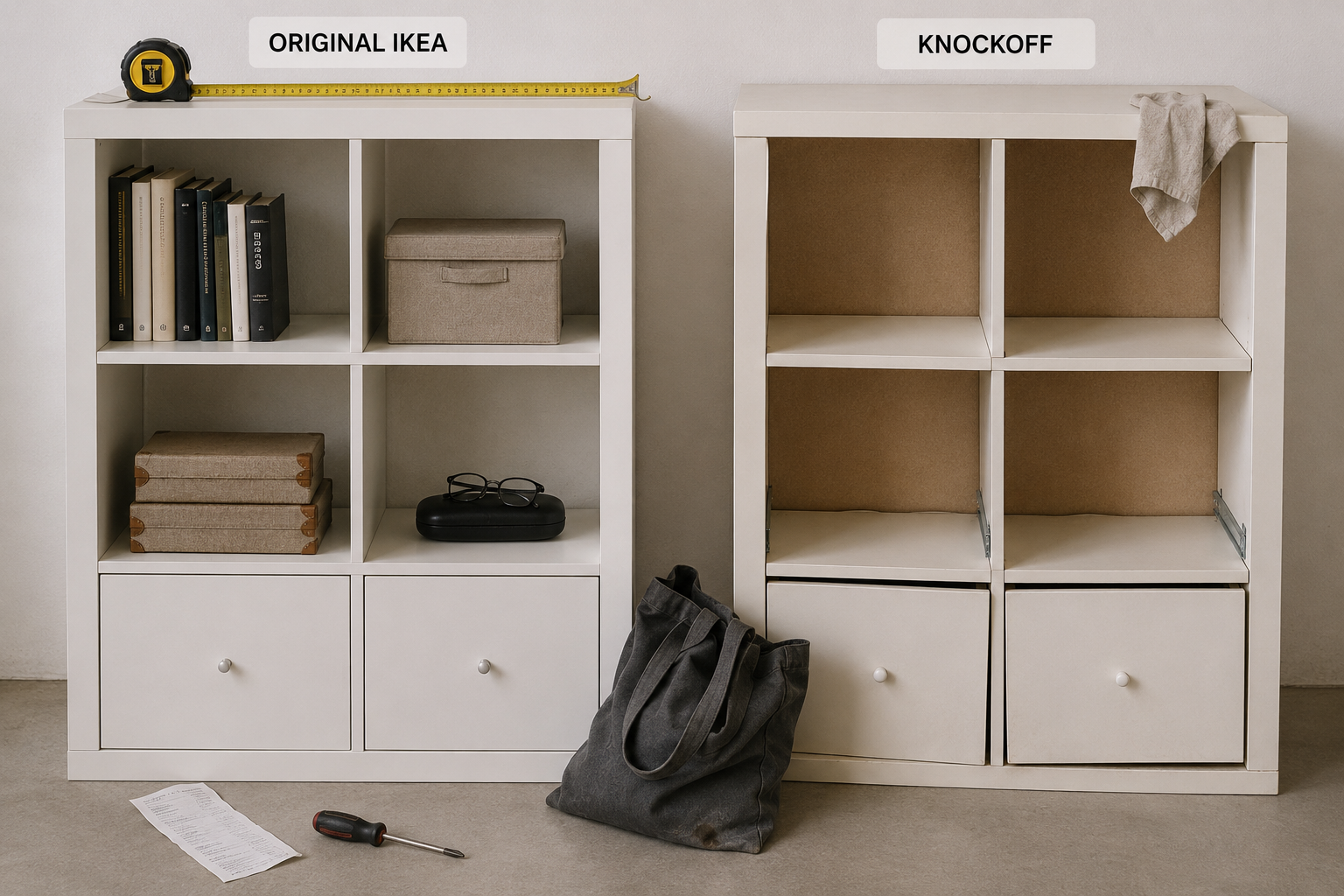Два белых стеллажа рядом: оригинальный IKEA KALLAX слева и копия справа