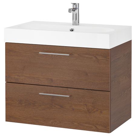 Шкаф для раковины с 2 ящ, под коричневый мореный ясень/БРОГРУНД смеситель 80x48x68 см IKEA GODMORGON ГОДМОРГОН / BRÅVIKEN