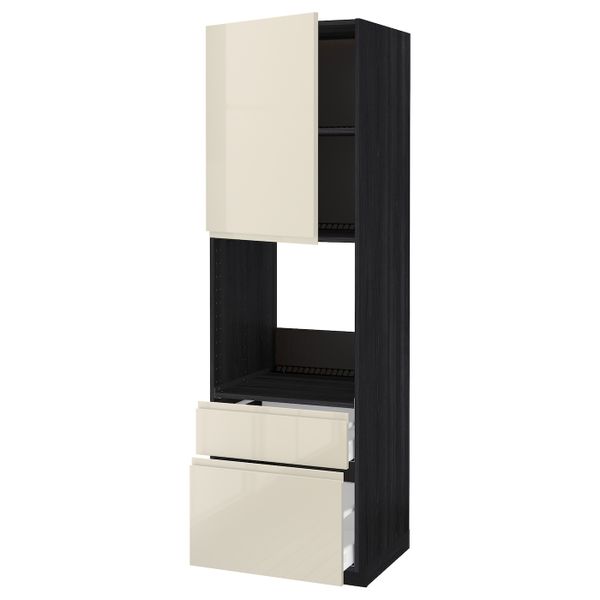 Высокий шкаф для духовки + дверца, 2 фронтальные панели, 1 средняя, 1 встроенный ящ, черный, Воксторп глянцевый светло-бежевый - схема-чертеж с размерами