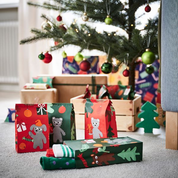 Бумажный пакет, анималистический орнамент зеленый/красный 12x24 см IKEA VINTER 2021 ВИНТЕР 2021 104.996.16 - схема-чертеж с размерами