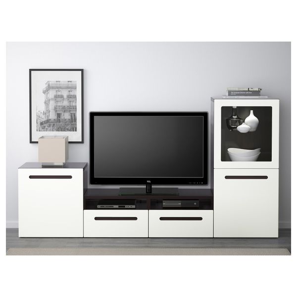 Шкаф для ТВ, комбинированный, стекляные дверцы БЕСТО, черно-коричневый, Марвикен белый прозрачное стекло (240x40x128 см) - фото 2