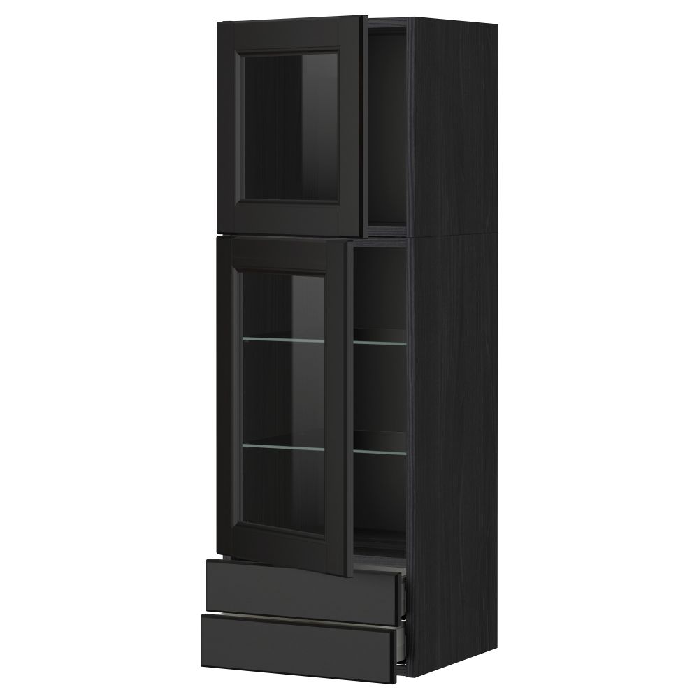 Навесной шкаф, 2 стеклянные дверцы, 2 ящика МЕТОД / МАКСИМЕРА, черный, Лаксарби черно-коричневый - фото 1