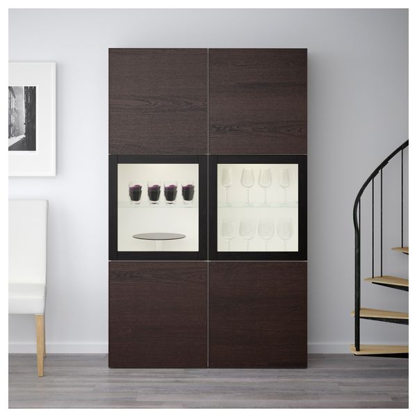 Комбинация для хранения со стеклянными дверцами БЕСТО, белый, Инвикен черно-коричневый прозрачное стекло (120x40x192 см) - фото 2