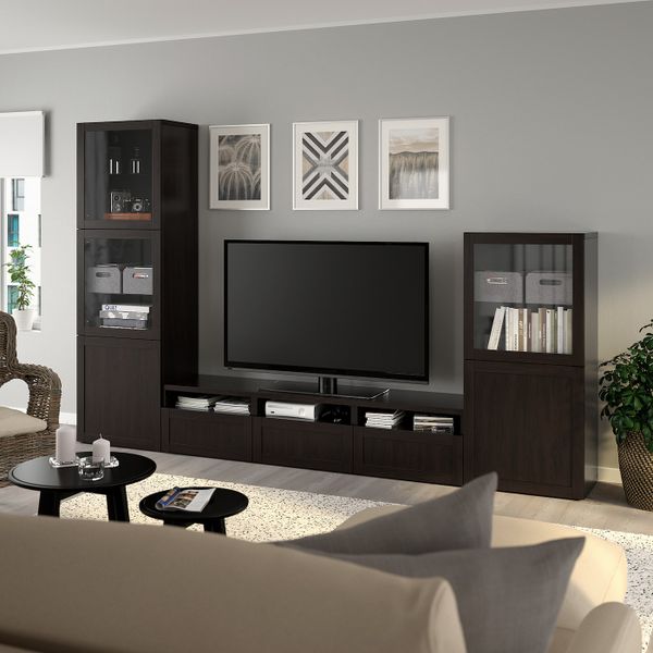 Шкаф для ТВ, комбинированный, стекляные дверцы, черно-коричневый, Ханвикен черно-коричневый прозрачное стекло, 300x42x193 см - фото 2