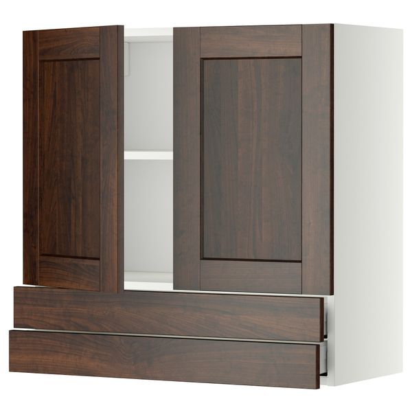 Навесной шкаф, 2 дверцы, 2 ящика МЕТОД / МАКСИМЕРА, белый, Эдсерум коричневый - фото 1