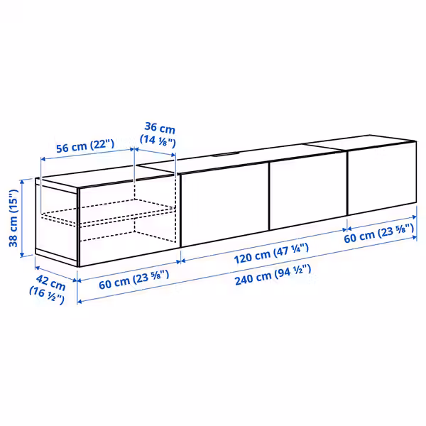 BESTÅ Тумба под ТВ, с дверцами - белый/Förvaltare белый 240x42x38 см - схема-чертеж с размерами