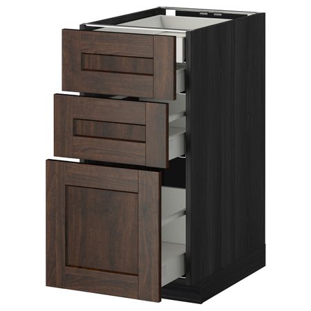 Напольный шкаф 3 фронтальные панели, 2 низких, 1 средний, 1 встроенный ящ, черный/Эдсерум коричневый 40x60 см IKEA МЕТОД /