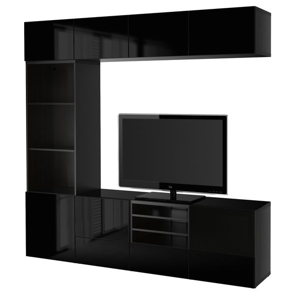 Шкаф для ТВ, комбинированный, стекляные дверцы БЕСТО, черно-коричневый, Сельсвикен глянцевый/черный дымчатое стекло (240x40x230 - фото 1