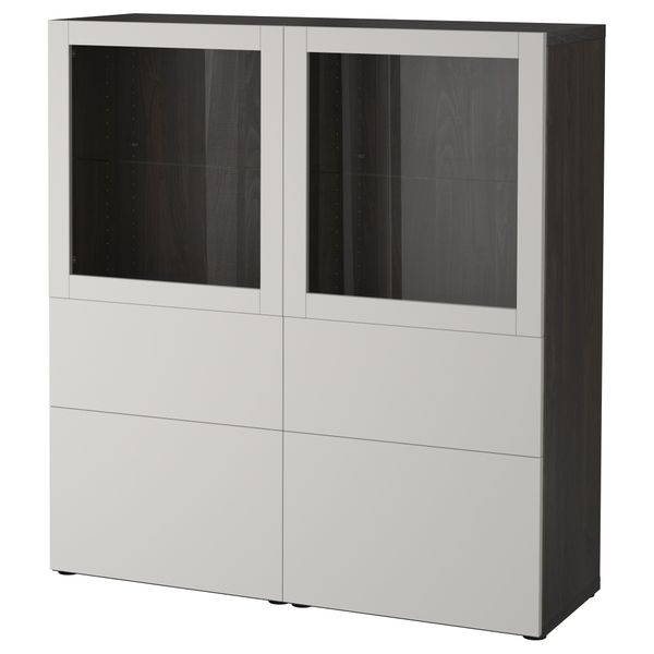 Комбинация для хранения со стеклянными дверцами БЕСТО, черно-коричневый, Лаппвикен светло-серый прозрачное стекло (120x40x128 - фото 1