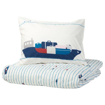 Пододеяльник и наволочка, орнамент «волны/корабли»/синий 150x200/50x70 см IKEA UPPTÅG УППТОГ 404.402.95