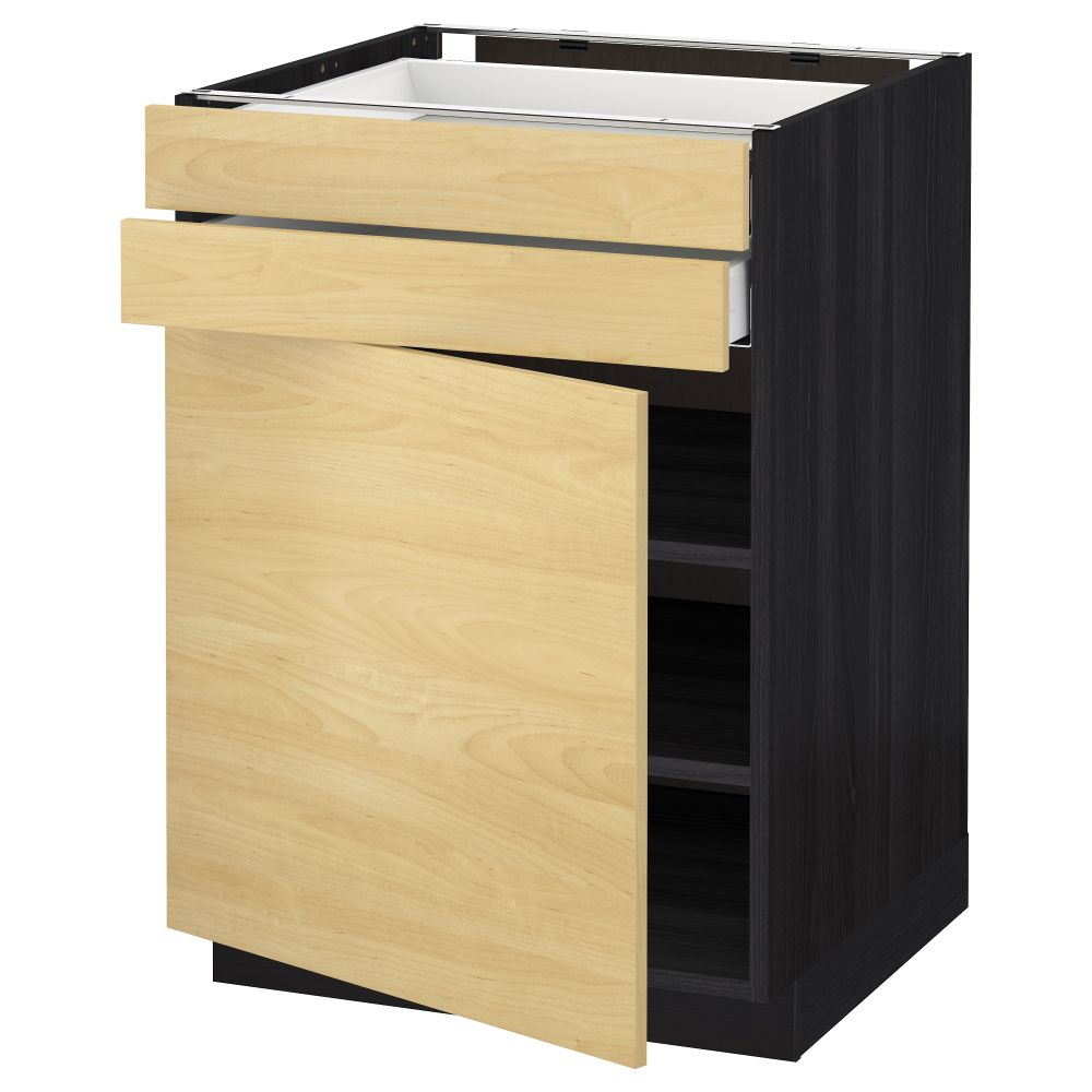 Напольный шкаф с дверцей, 2 ящиками МЕТОД / МАКСИМЕРА, черный, Тингсрид береза - схема-чертеж с размерами