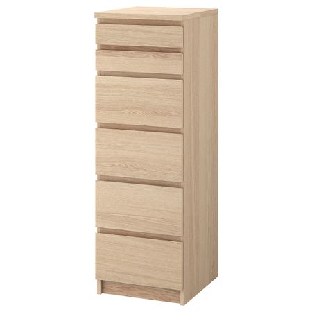Комод с 6 ящиками, дубовый шпон, беленый, зеркальное стекло 40x123 см IKEA МАЛЬМ 003.685.93