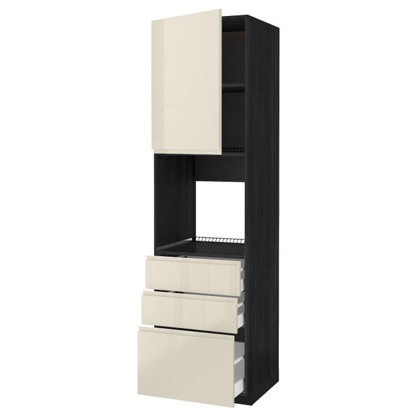 Высокий шкаф для духовки/дверь/3ящика, черный, Воксторп глянцевый светло-бежевый 60x60x220 см IKEA МЕТОД 592.391.46 - схема-чертеж с размерами