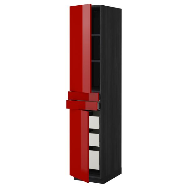 Высокий шкаф + полки, 5 ящиков, 2 дверцы, 2 фронтальных МЕТОД / МАКСИМЕРА, черный, Рингульт красный - схема-чертеж с размерами