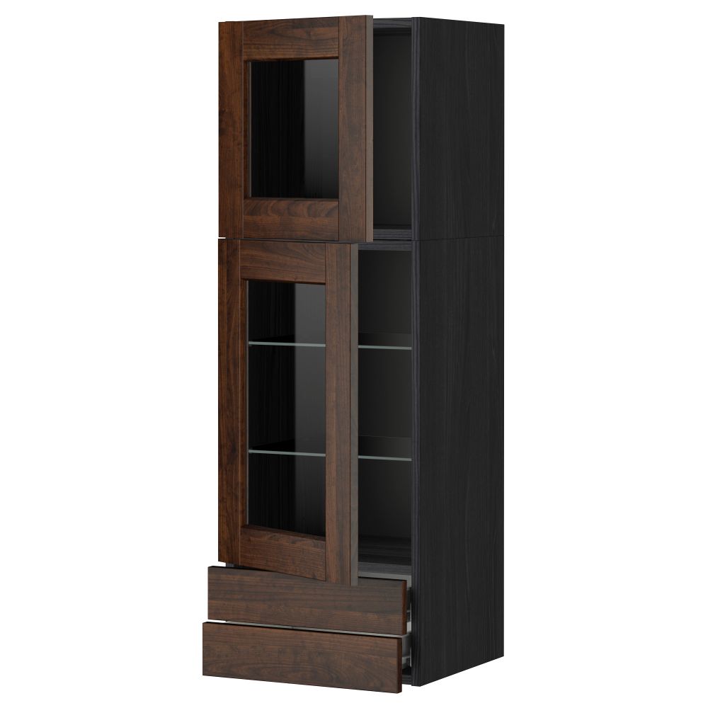 Навесной шкаф, 2 стеклянные дверцы, 2 ящика МЕТОД / ФОРВАРА, черный, Эдсерум коричневый - фото 1