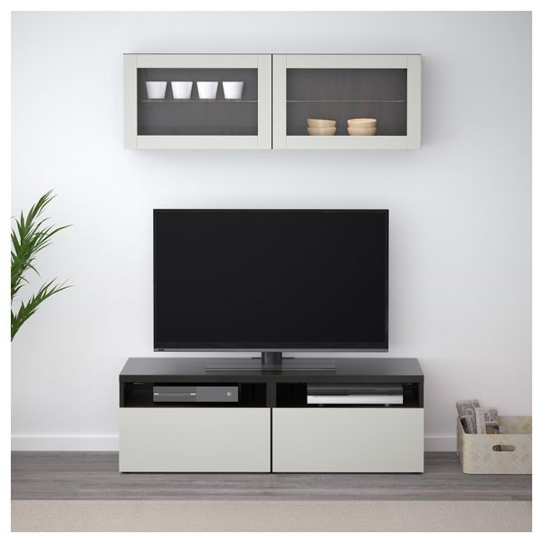 Шкаф для ТВ, комбинированный, стекляные дверцы БЕСТО, черно-коричневый Лаппвикен, светло-серый прозрачное стекло (120x20/40x166 - фото 2