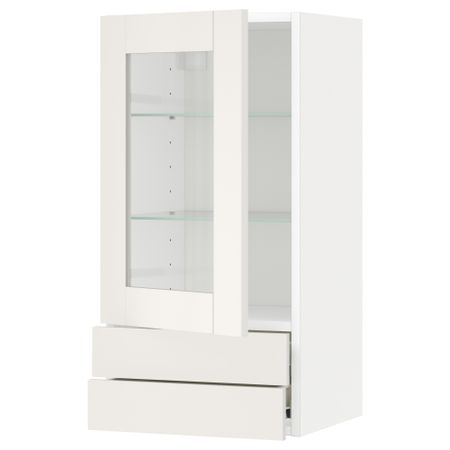 Навесной шкаф, стеклянная дверца, 2 ящика МЕТОД / ФОРВАРА, белый, Сэведаль белый