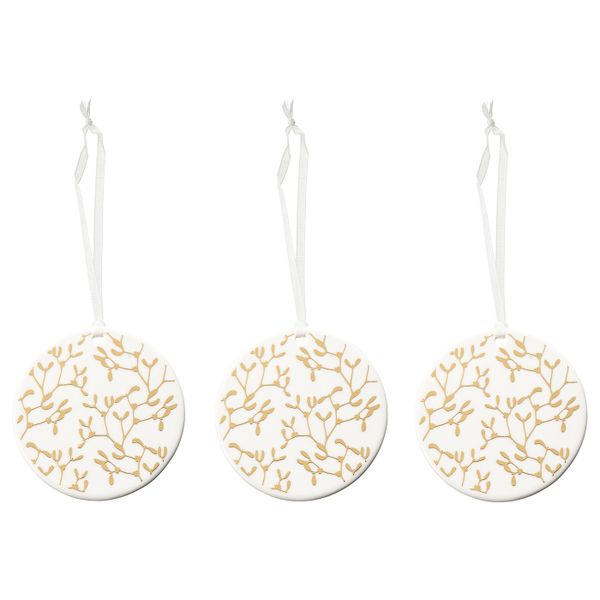 Украшение подвесное, белый/орнамент «омела» золотой 7 см IKEA VINTER 2021 ВИНТЕР 2021 804.986.56 - фото 1