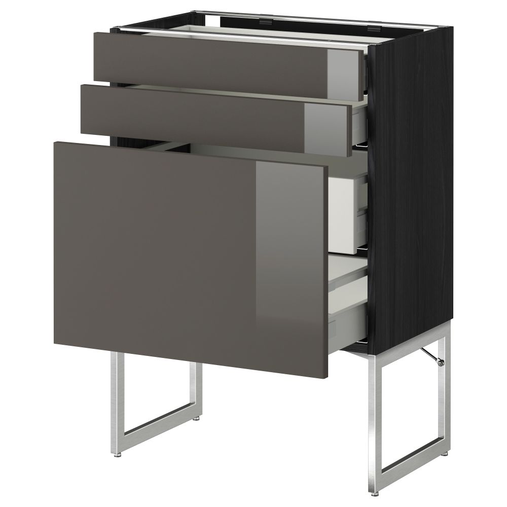 Напольный шкаф 3 фронтальных панели, 2 нижних, 2 средних ящика МЕТОД / МАКСИМЕРА, черный, Рингульт серый - схема-чертеж с размерами