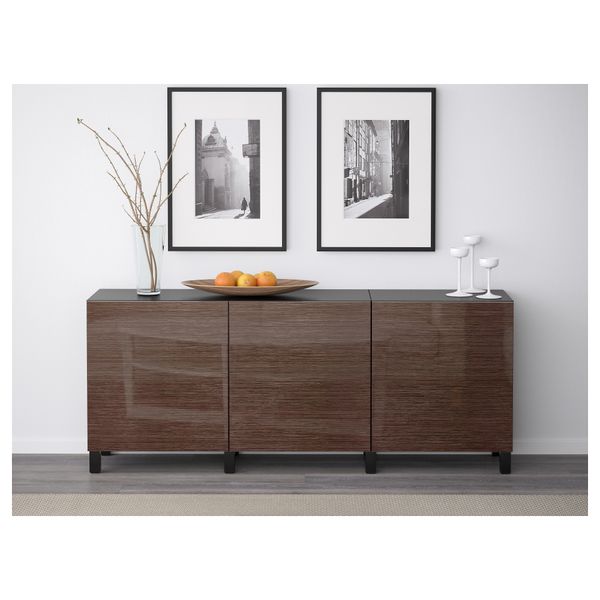 Комбинация для хранения с дверцами БЕСТО, черно-коричневый, Сельсвикен глянцевый/коричневый (180x40x74 см) - фото 2