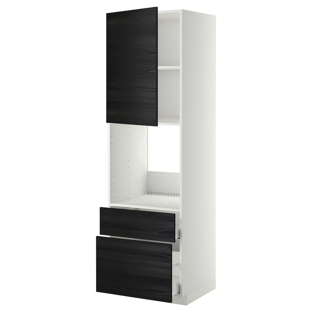 Высокий шкаф для духовки + дверца, 2 фронтальные панели, 1 средняя, 1 встроенный ящ, белый, Тингсрид черный 60x60x200 см IKEA - фото 1