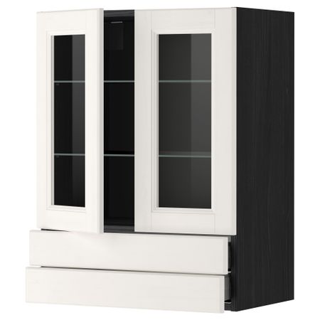 Навесной шкаф, 2 стеклянные дверцы, 2 ящика МЕТОД / МАКСИМЕРА, черный, Лаксарби белый