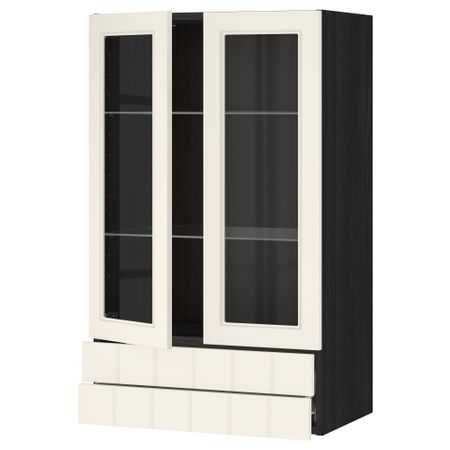 Навесной шкаф, 2 стеклянные дверцы, 2 ящика МЕТОД / ФОРВАРА, черный, Хитарп белый с оттенком