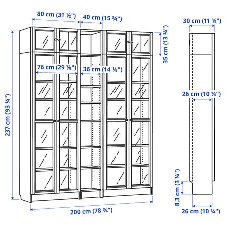 Стеллаж комбинация, стеклянны дверцы, дубовый шпон, беленый/стекло 200x30x237 см IKEA BILLY БИЛЛИ / OXBERG ОКСБЕРГ 492.499.71