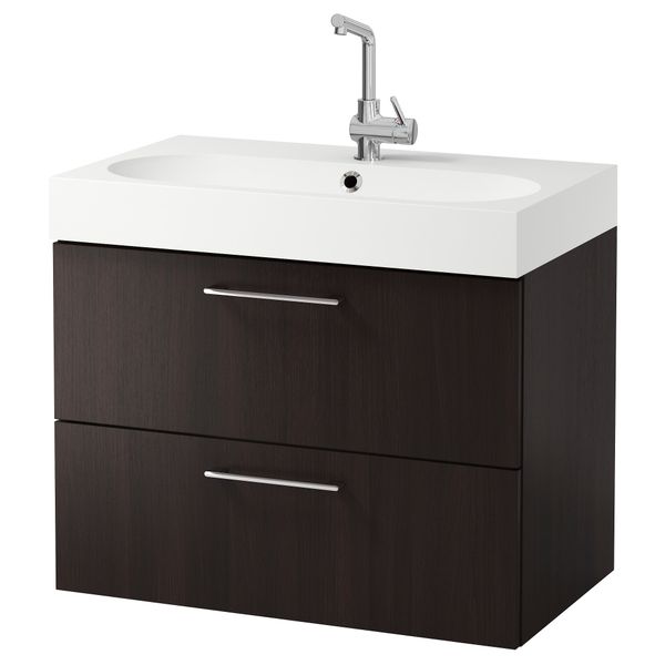 Шкаф для раковины с 2 ящиками ГОДМОРГОН, черно-коричневый (80x49x68 см) - фото 1