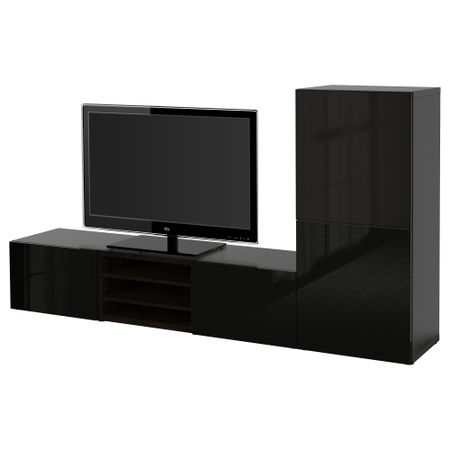 Шкаф для ТВ, комбинированный, стекляные дверцы БЕСТО, черно-коричневый, Сельсвикен глянцевый/черный дымчатое стекло (240x40x128