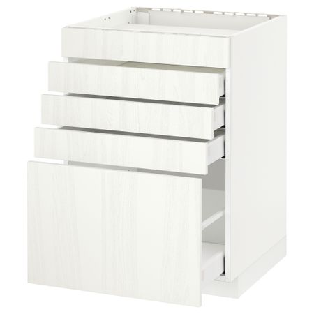 Напольный шкаф для варочной панели, 5 фасадов, 4 ящиков МЕТОД / МАКСИМЕРА, белый, Росдаль белый