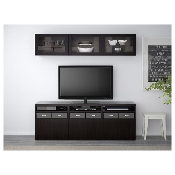 Шкаф для ТВ, комбинированный, стекляные дверцы БЕСТО, Лаппвикен, Синдвик черно-коричневый прозрачное стекло (180x40x192 см) - фото 2