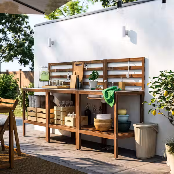 NÄMMARÖ Кухня с мойкой, для улицы - светло-коричневая морилка/нержавеющ сталь 240x62 см - фото 2