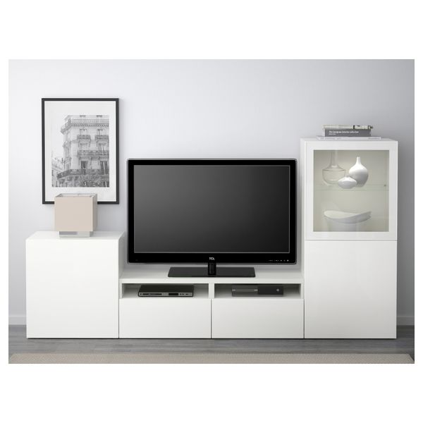 Шкаф для ТВ, комбинированный, стекляные дверцы БЕСТО, белый, Сельсвикен глянцевый/белый прозрачное стекло (240x40x128 см) - фото 2