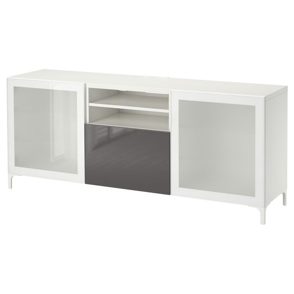 Тумба для ТВ с ящиками БЕСТО, белый, Сельсвикен глянцевый/серый матовое стекло (180x40x74 см) - фото 1