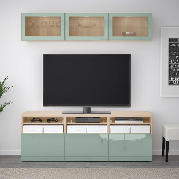 Шкаф для ТВ, комбинированный, стекляные дверцы, под беленый дуб Сельсвикен, глянцевый/серо-зеленый светлый прозрачное стекло, - фото 2